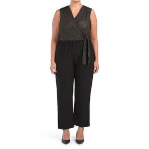 Faux Wrap Glitter Top Jumpsuit Black Gold | Size 1X